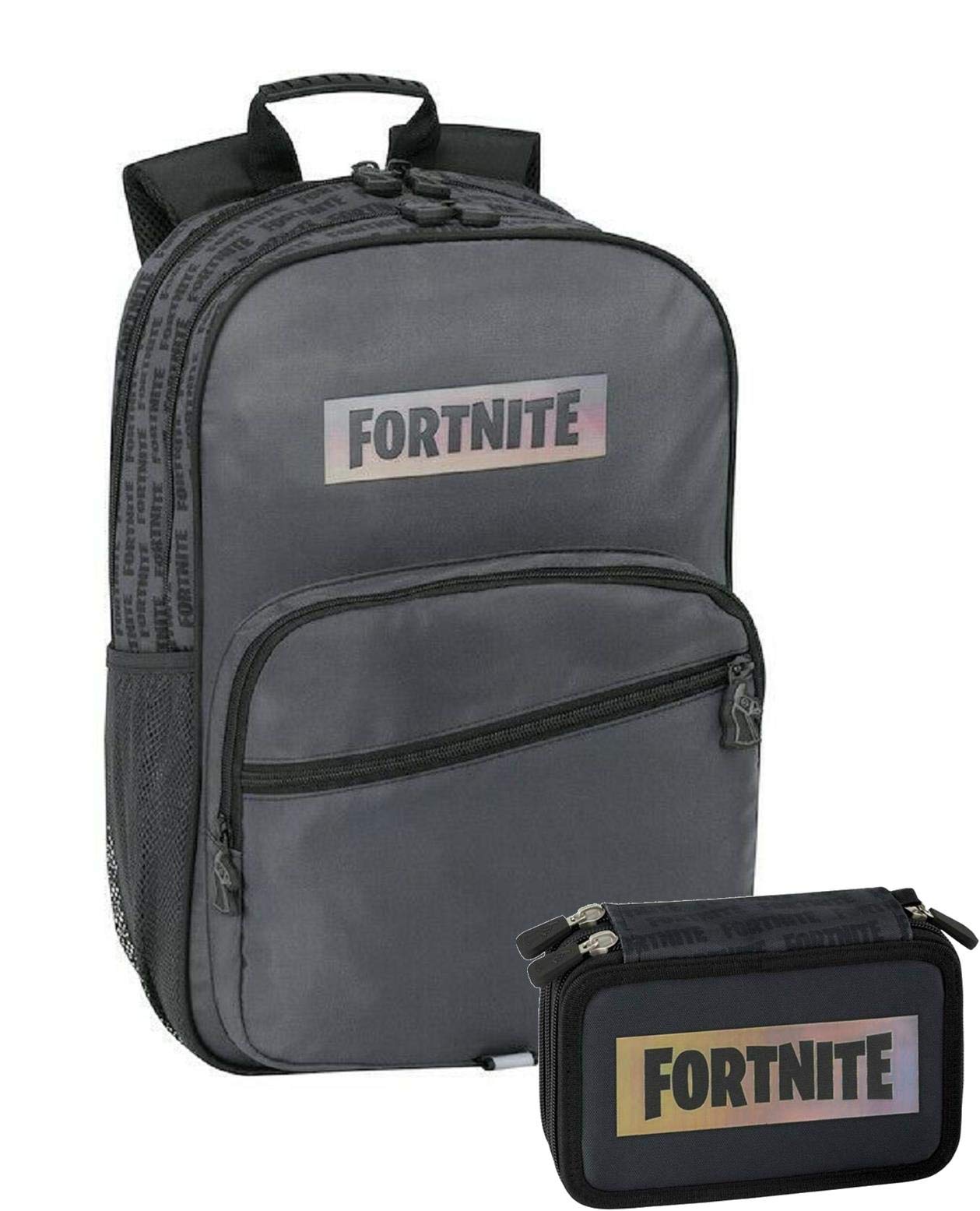 Panini spa Schoolpack Zaino Scuola Compatibile con Fortnite Nero 42x30x15 cm + Astuccio 3 Zip Completo
