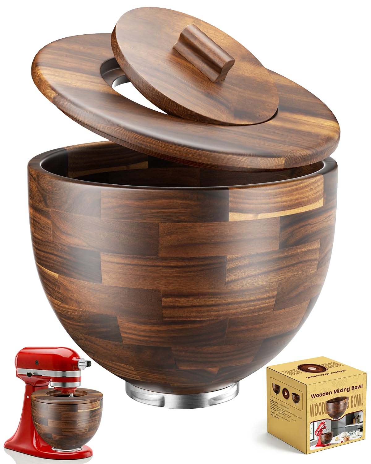 Wood Mixing Bowl with Lid for KitchenAid 4.5 & 5 Qt Tilt-Head Mixer