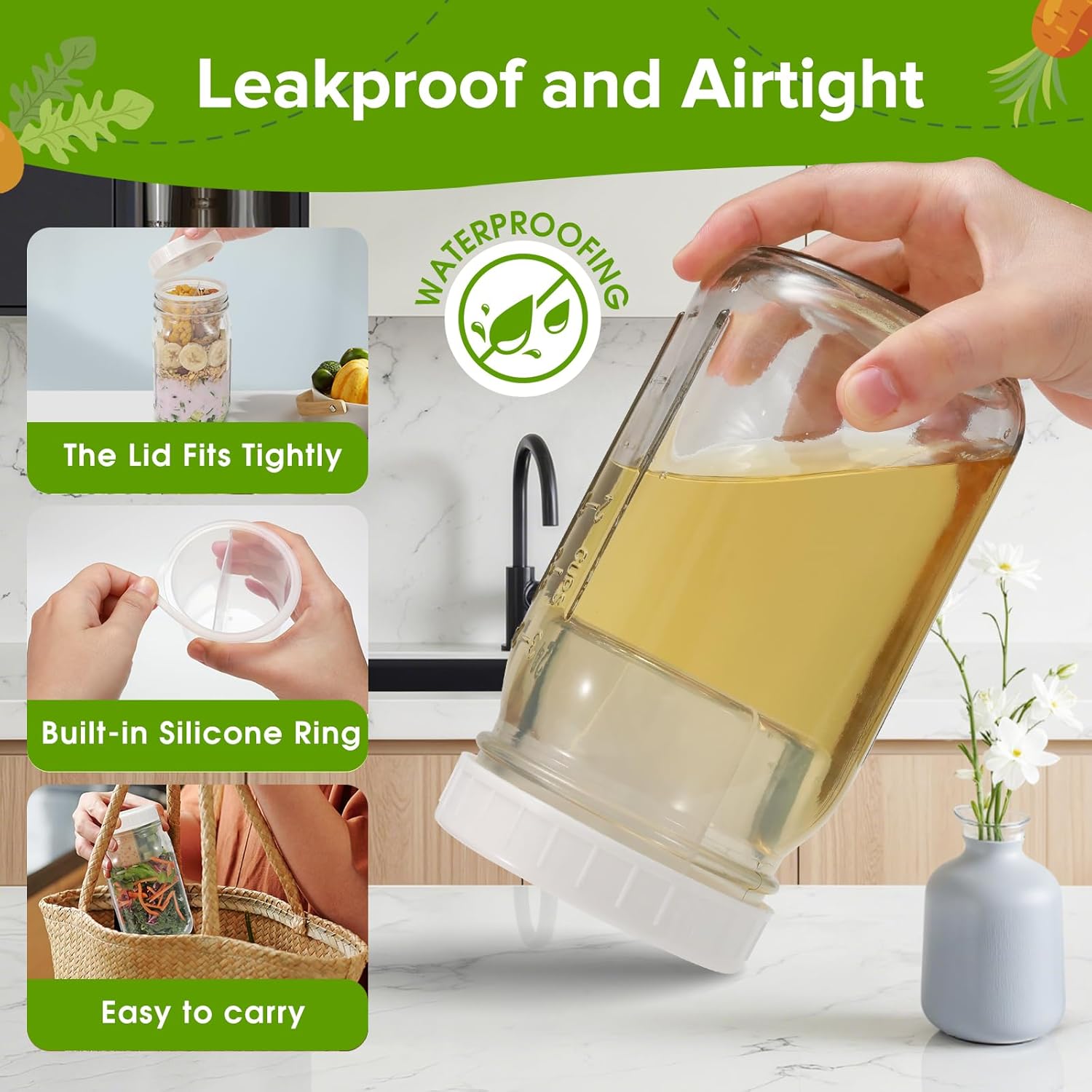 4 Pack Glass Salad Mason Jars with Lids Meal Prep- Mason Jars 32 oz Salad Container for Lunch With Fork-Leak-proof & Separate Compartments for Dressing and Dry Ingredients- Food Grade,PFAS BPA Free - Image 5