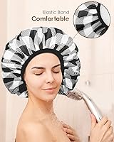 Vista 6 de Auban Gorro de ducha, gorro de ducha para mujer, forro de tela de rizo, EVA, exterior, reutilizable, doble capa, impermeable, gorra de baño grande