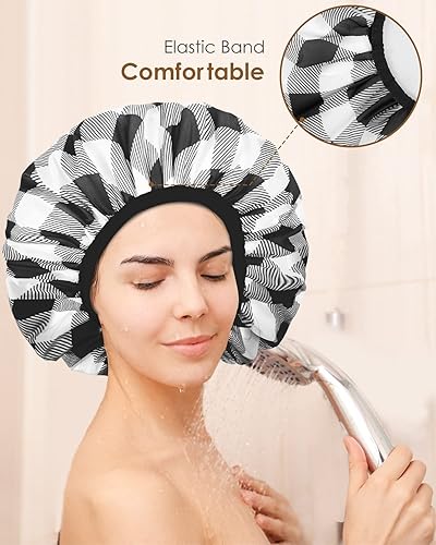 Miniatura 13 de Auban Gorro de ducha, gorro de ducha para mujer, forro de tela de rizo, EVA, exterior, reutilizable, doble capa, impermeable, gorra de baño grande
