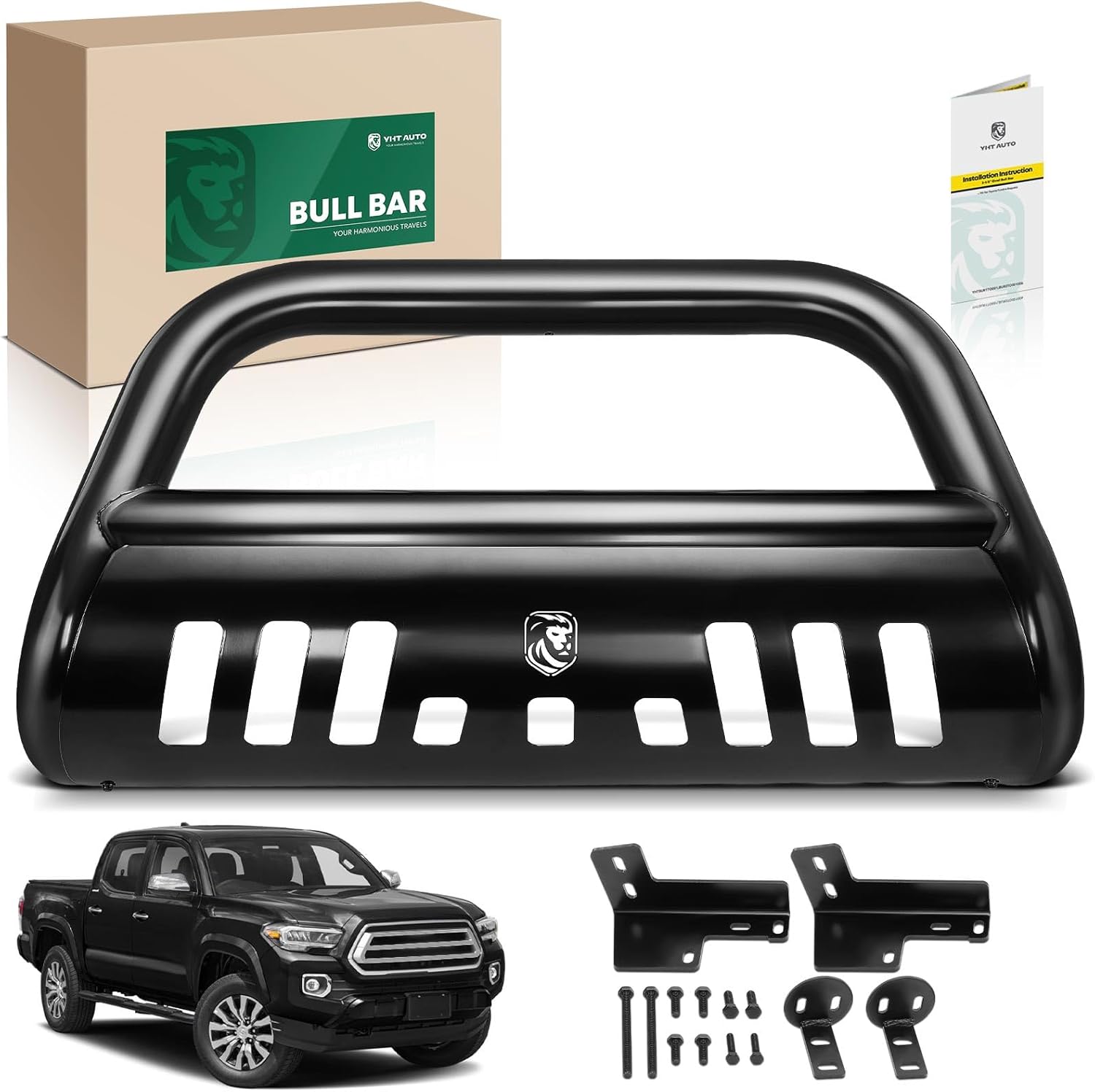 yhtauto 3" bull bar push bar with skid plate light mount fit toyota models, tacoma 2016-2023 l4 2.7l v6 3.5l, alloy steel brush guard for truck front bumper off road accessories