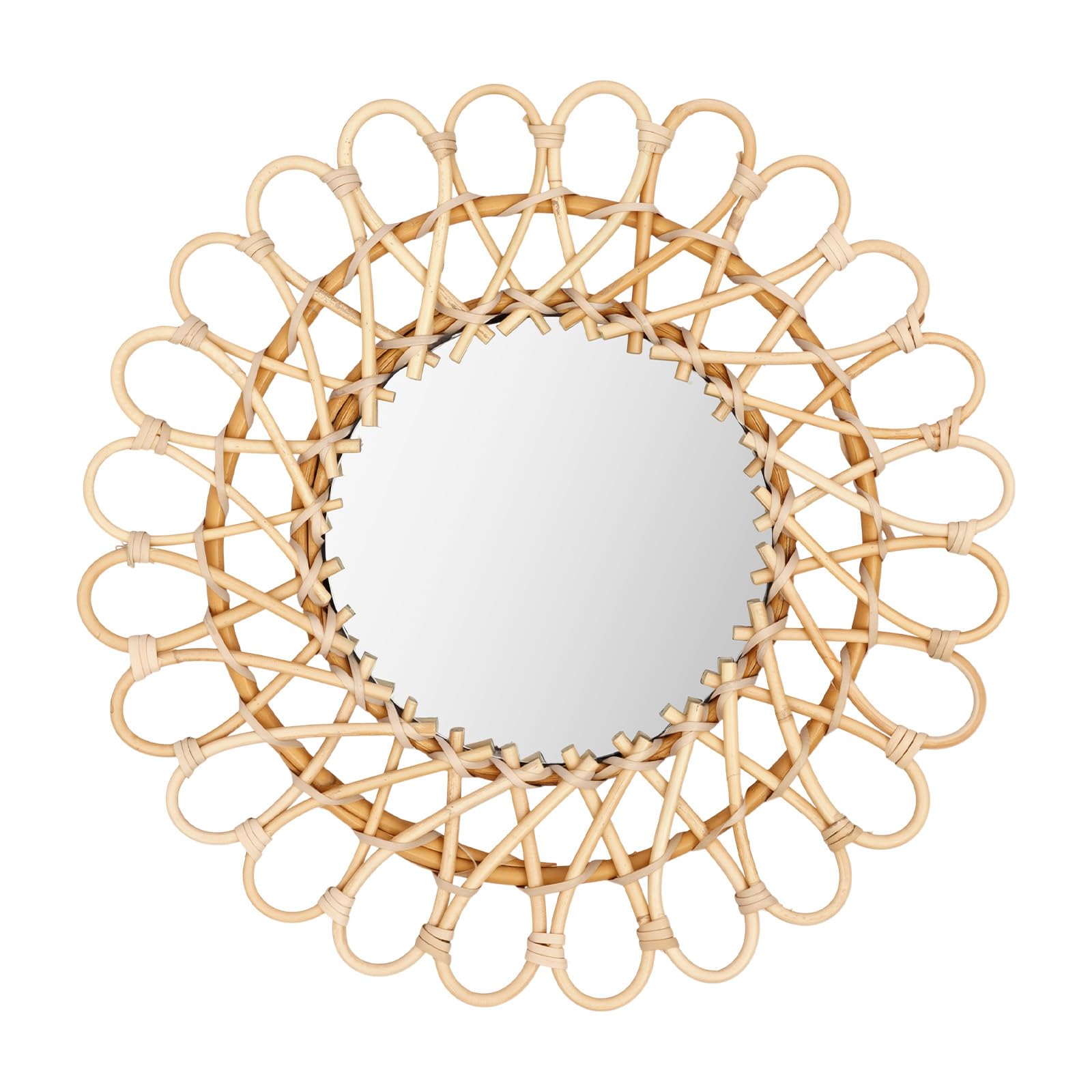 Espejo de ratán trenzado a mano, diámetro total 40 cm, redondo con espejo de 20 cm, decoración natural para salón y pasillo, espejo de pared con gancho para colgar, en color madera