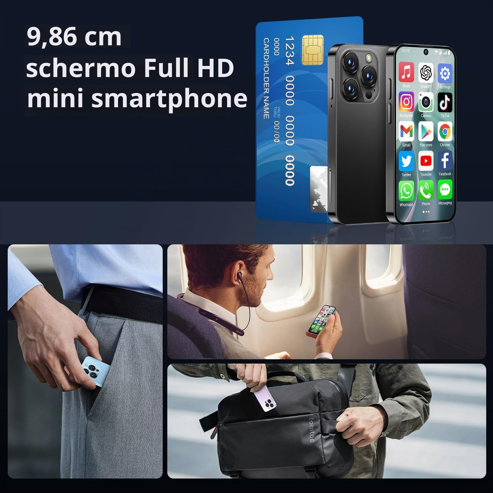 Mini smartphone 4G, mini telefono sbloccato 3+32 GB con schermo HD da 3,88", batteria da 2000 mAh, fotocamera da 5 MP, doppia SIM, corpo ultrasottile per cellulare per bambini Nero