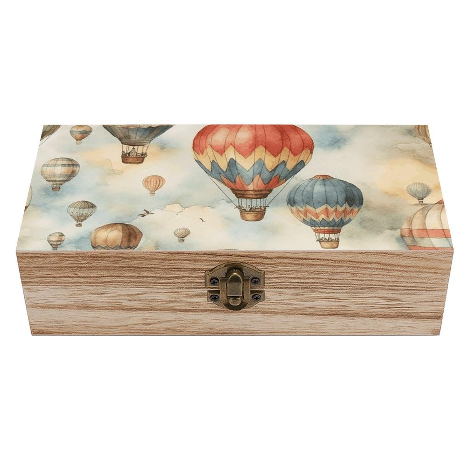Oudrspo Watercolor Hot Air Balloon Wooden Keepsake Box Decorative Memory Storage Box with Hinged Lid Small Jewelry Keepsake Boxes for Storing Gift Pictures Letters Time Capsule