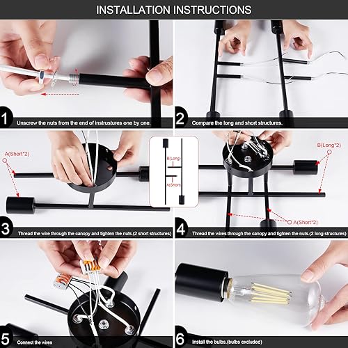 Miniatura 6 de Sputnik Candelabros, lámpara de techo moderna semiempotrada con base E26, lámparas industriales de mediados de siglo para cocina, granja, Negro