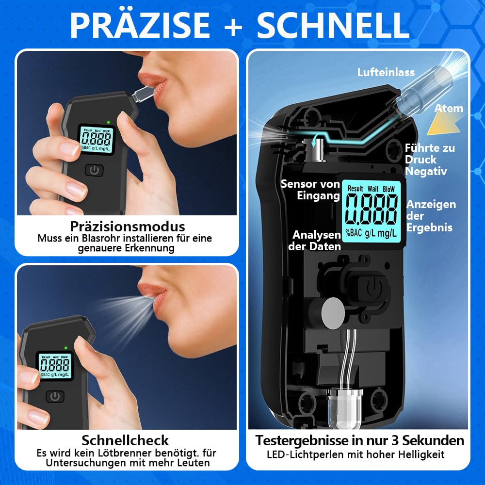 Alkoholtester Professioneller für den Heim und Professionellen,Gebrauch mit 20 Aufsätzen,LCD-Digitalanzeige und Hochempfindlichem Chip für höchste Genauigkeit
