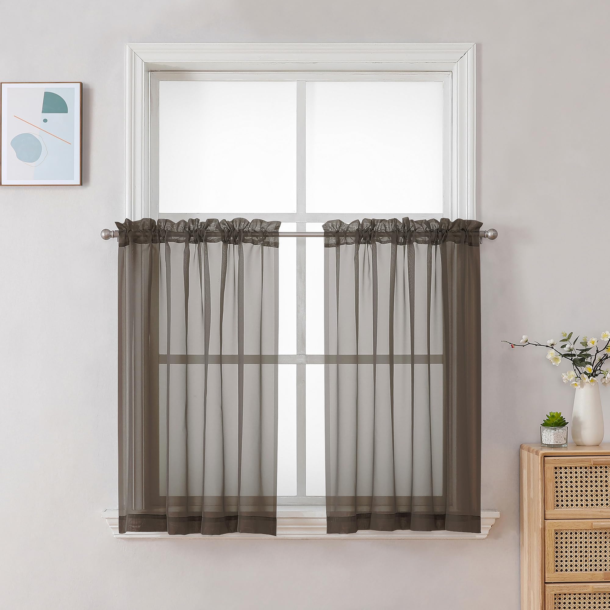 Chyhomenyc Chocolate Brown Sheer Curtains 30 inch Length 2 Panels, Light Filtering Voile Rod Pocket Short Window Curtians for Bathroom Living Room Farmhouse Small Windows, 42Wx30L inches
