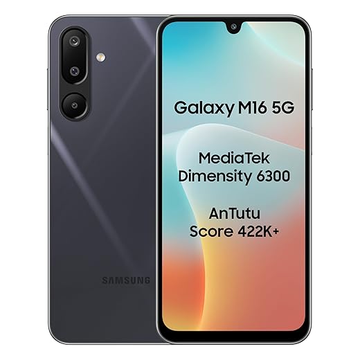 Samsung Galaxy M16 5G (Thunder Black, 6GB RAM, 128 GB Storage) | MediaTek Dimensity 6300 | AnTuTu Score 422K+ | Super Amoled Display | AI | 25W Fast Charging | 6 Gen of OS Upgrades | Without Charger