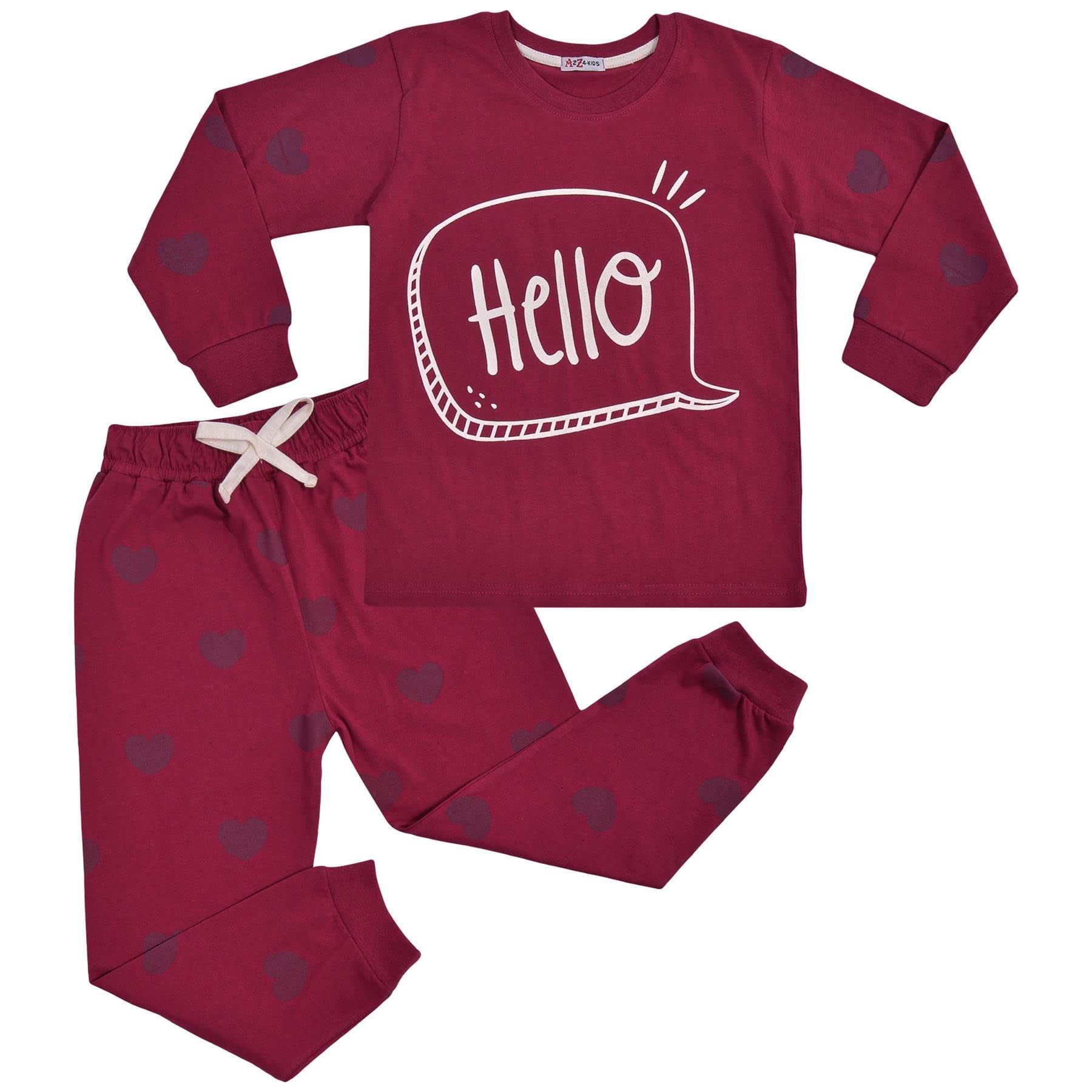 A2Z 4 Kids Girls Pyjamas Traditional PJS Pyjama Set Long Sleeve Top - PJS 181 Hello Plum 3-4