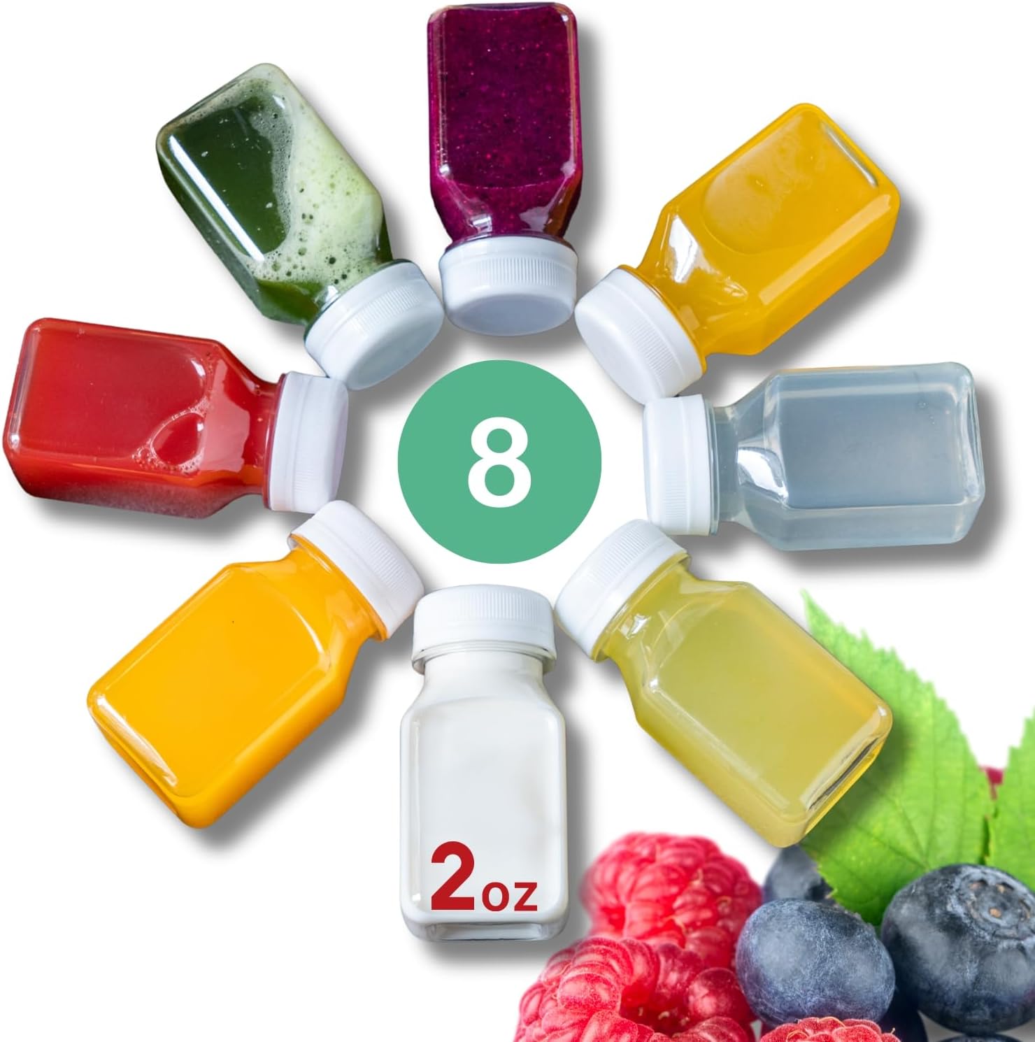 Norcalway 2 Oz Small Plastic Bottles with Black Caps for Liquids - Ginger Shot with Lids, Wellness Juice Freezer Safe, Leak Proof, Food Grade 8 Pack