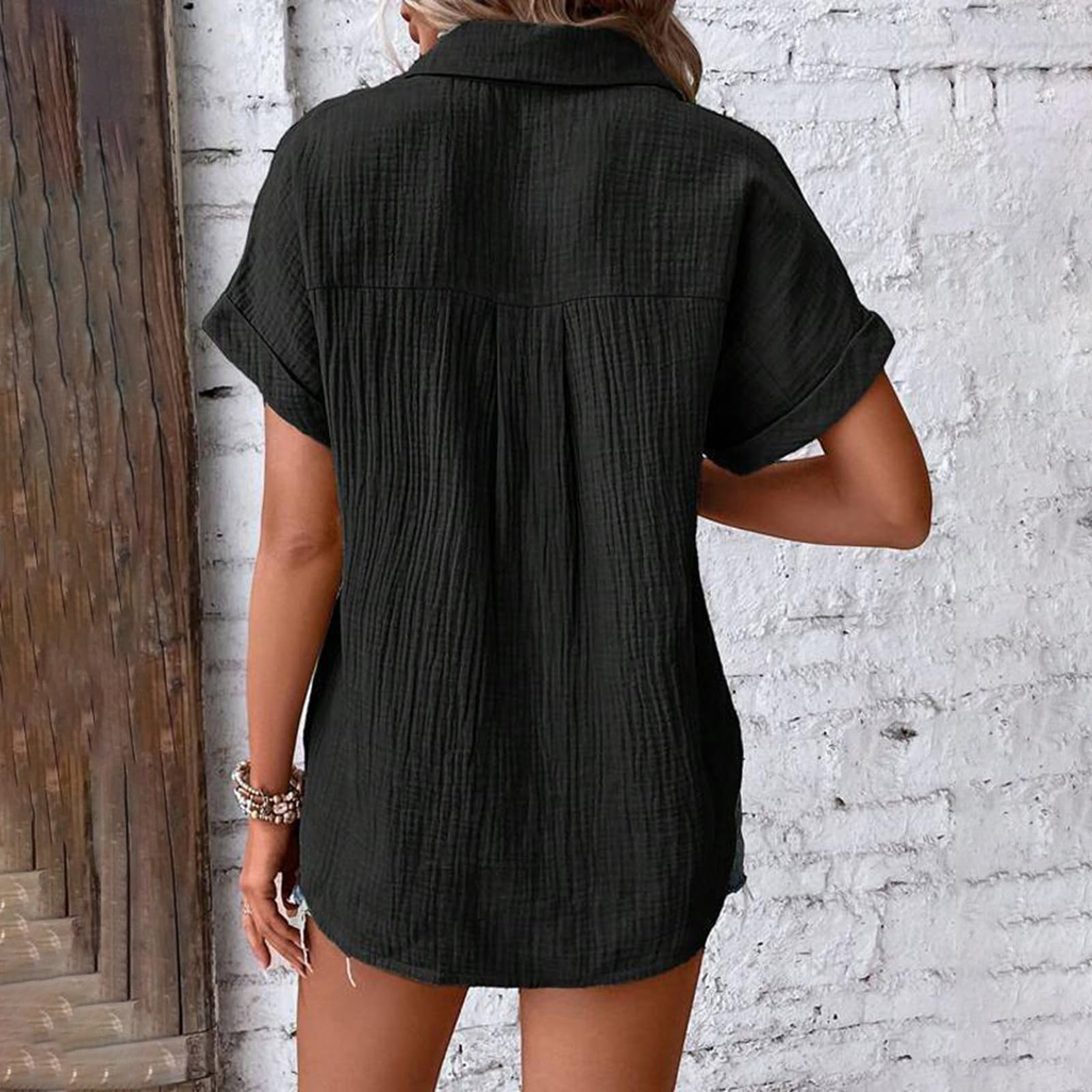 Camicie di lino a maniche corte da donna Trendy Summer Dolman Sleeve Loose Fit Button Down Lino Cotone Plus Size 2026 Top Tunica Tunica Garza Vcation Oversize Colletto Leggero