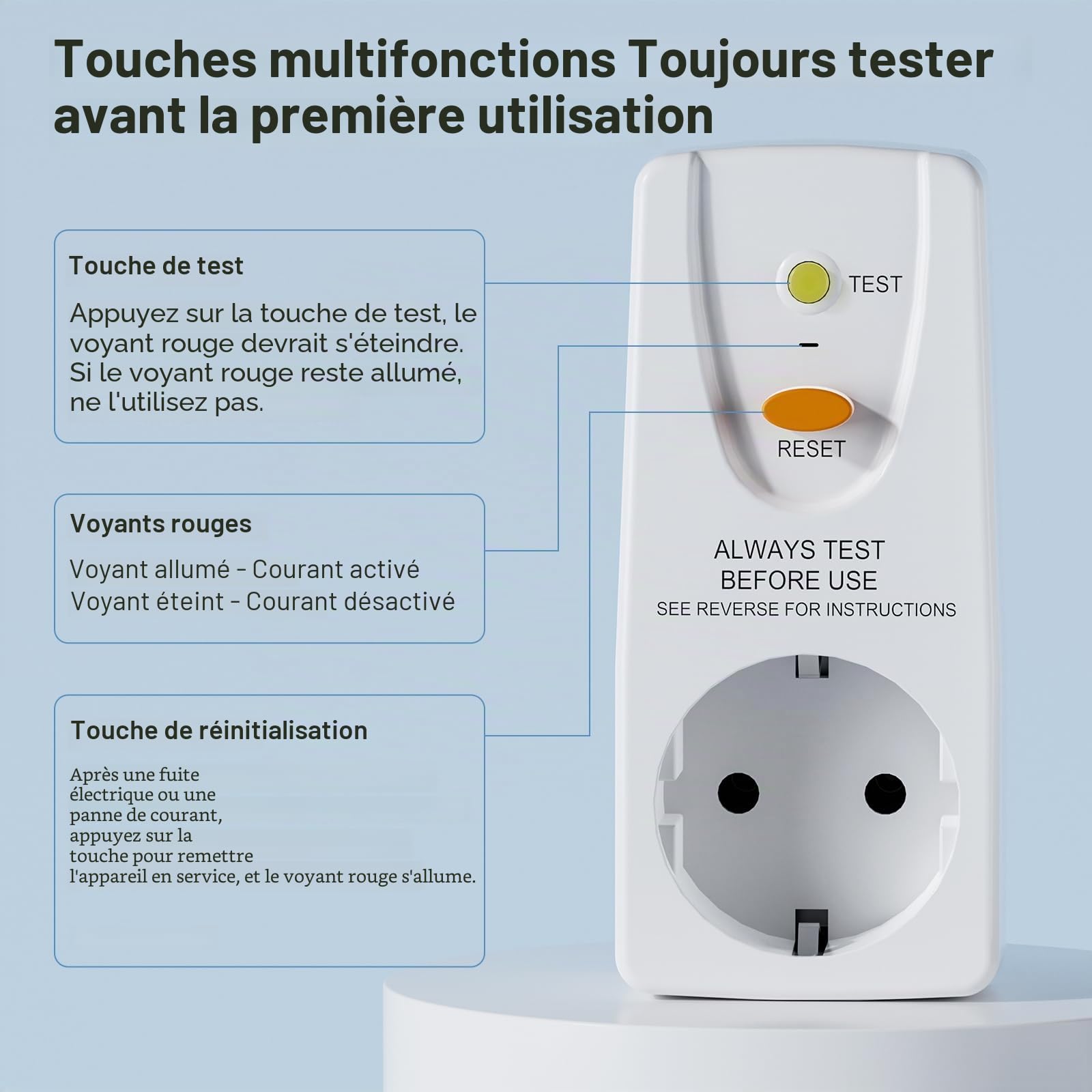 Prise de disjoncteur Fi - Anti-fuites et chocs électriques - Contact de protection 10 mA - 230 V - 16 A - Convient pour appareils ménagers et outils