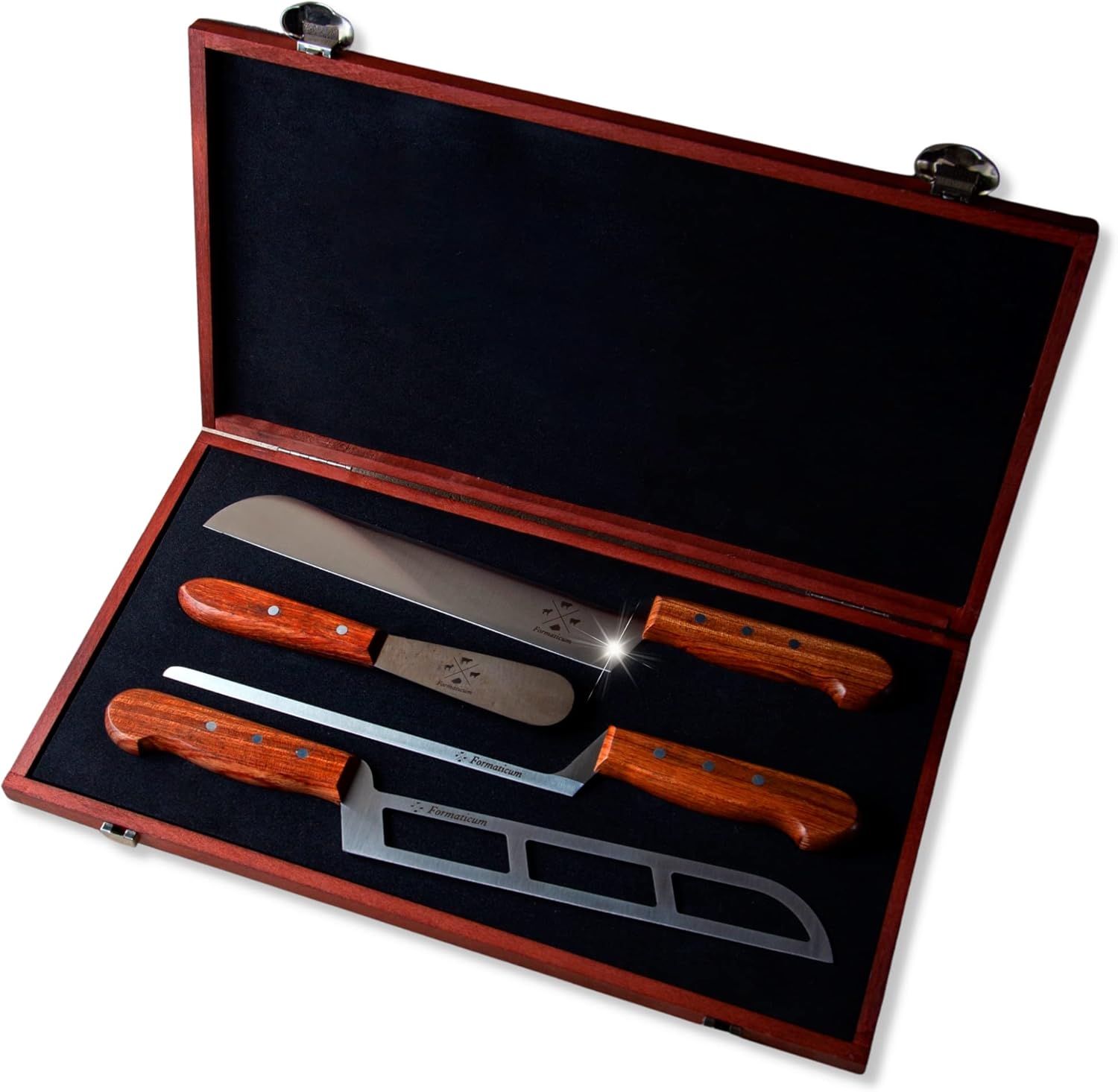 Formaticum Professional 4 Knife Set- Modern Cheese Knife Set w/Solid Walnut Ergonomic Handle, Stainless Steel Knives in a Wooden Box, Great Gift for Cheese Charcuterie Fan, Handmade in Italy