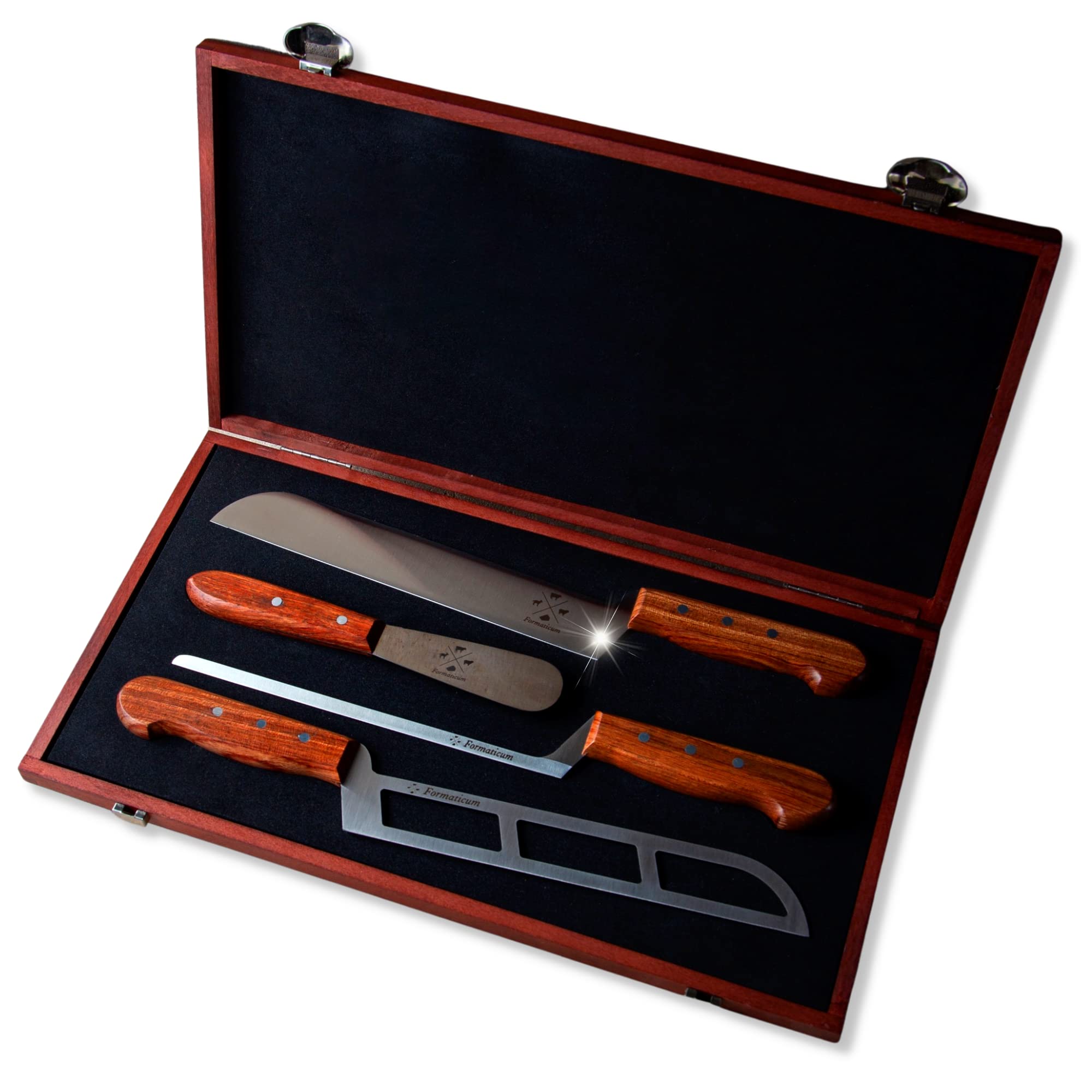 Formaticum Professional 4 Knife Set- Modern Cheese Knife Set w/Solid Walnut Ergonomic Handle, Stainless Steel Knives in a Wooden Box, Great Gift for Cheese Charcuterie Fan, Handmade in Italy
