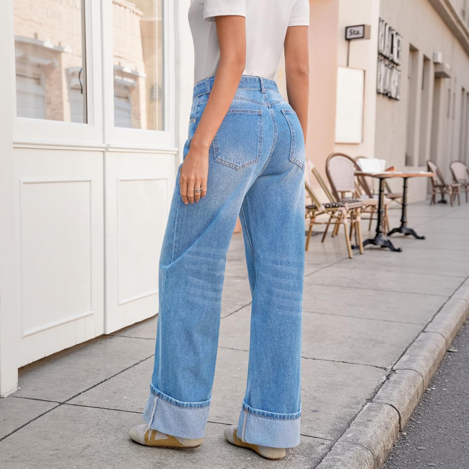 Tankaneo Womens Wide Leg Cuffed Jeans Trendy High Waisted Baggy Boyfriend Casual Denim Pants with Belted - Image 3