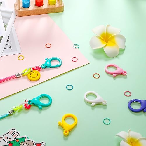 Miniatura 5 de Clips de plástico duro multicolor, cierres de pinza de langosta y anillos de salto abiertos, bonitos ganchos de cordón para llavero, anillo y