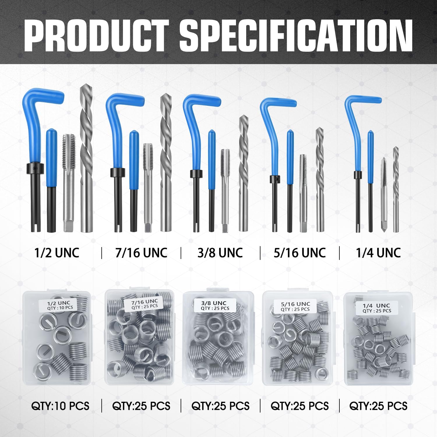 DNA MOTORING 261pcs Thread Repair Tool Kit, Metric SAE Heli Coil Thread Repair Kit HSS Drill Bits Inserts Taps, Rethreading Tools in 1/4" 5/16" 3/8" 7/16" 1/2" M5 M6 M8 M10 M12 Sizes, TOOLS-00716