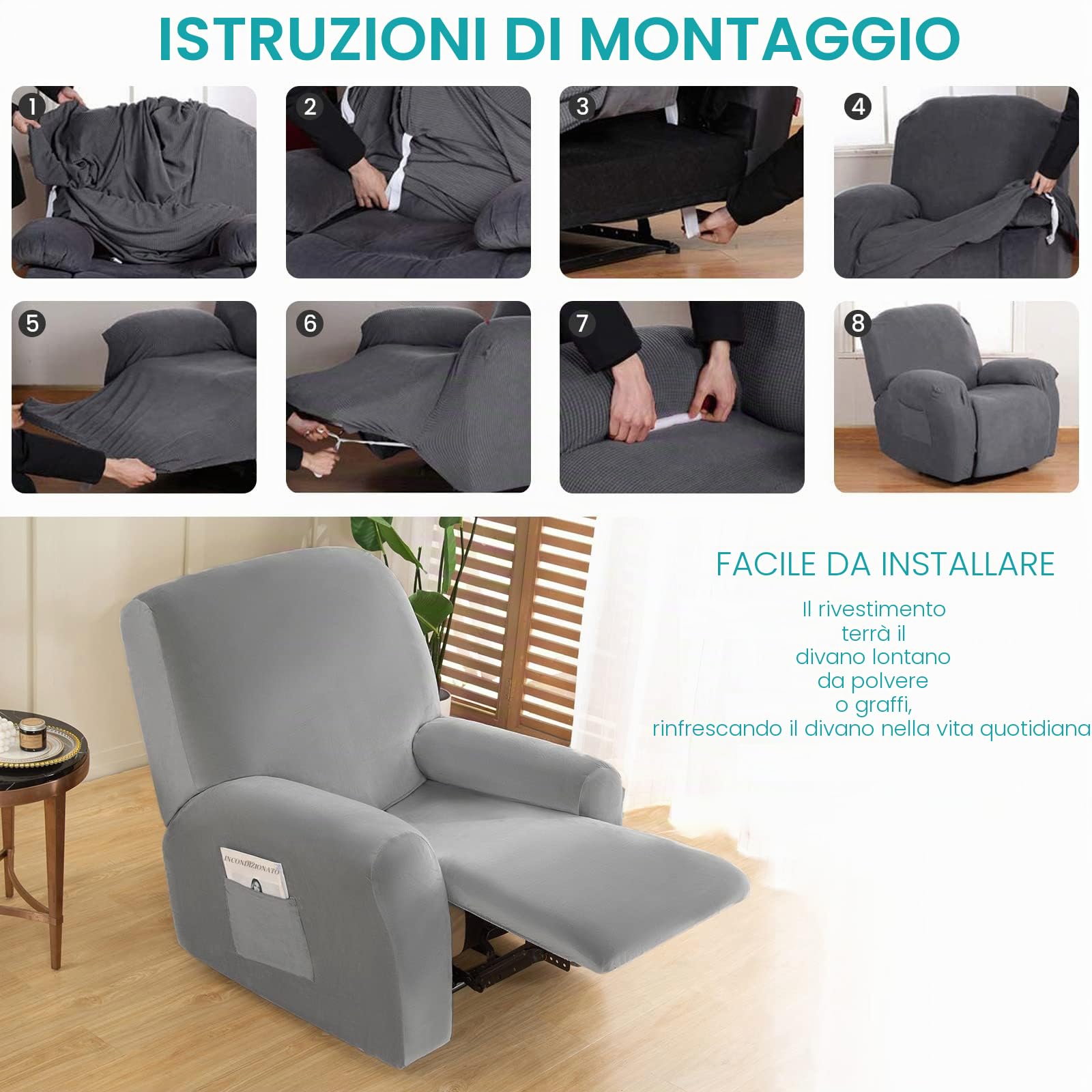 Jianyana Velluto Copripoltrona Relax Reclinabile Universale in 4-Pezzo，Premium Copripoltrona elettrica reclinabile Antiscivolo 1 Posto, Fodera per Poltrona Reclinabile (grigio)
