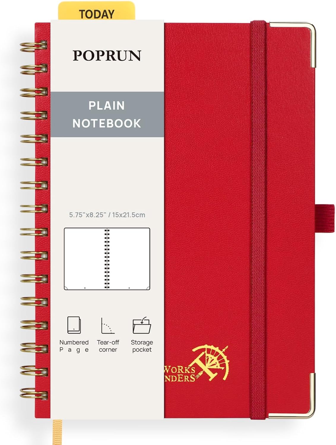 POPRUN Blank Journal Notebook, [A5-5.75” x 8.25”] – 120 GSM Thick Paper, 141 Numbered Pages, Spiral Hardcover for Men & Women with Pocket, Index Tabs, 8 Perforated Sheets, Red