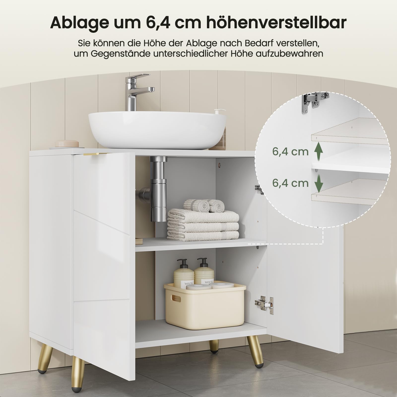 EUGAD Waschbeckenunterschrank, Unterschrank, Waschtischunterschrank, Badezimmerschrank, Badschrank, weiß Hochglanz, mit 2 Türen, Beinen, verstellbare Ablage, freistehend, 60x60x30 cm