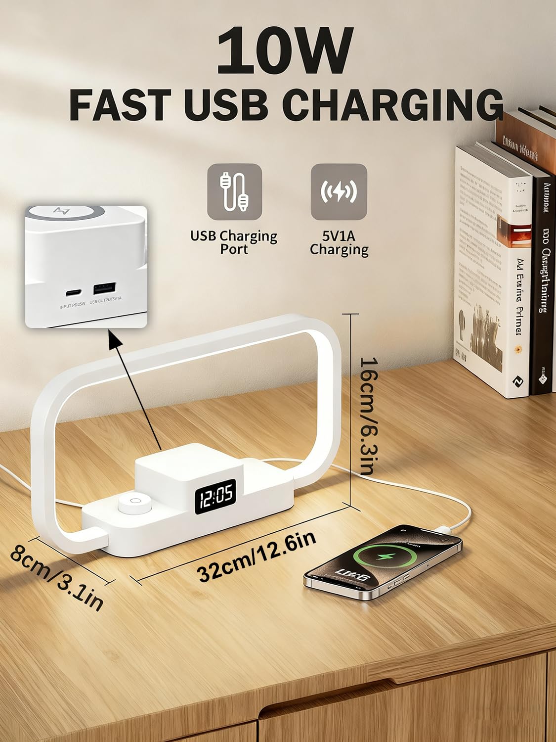 KZT Lampe de Chevet Chargeur sans Fil 4 en 1 avec Port USB LED Horloge, Blanc