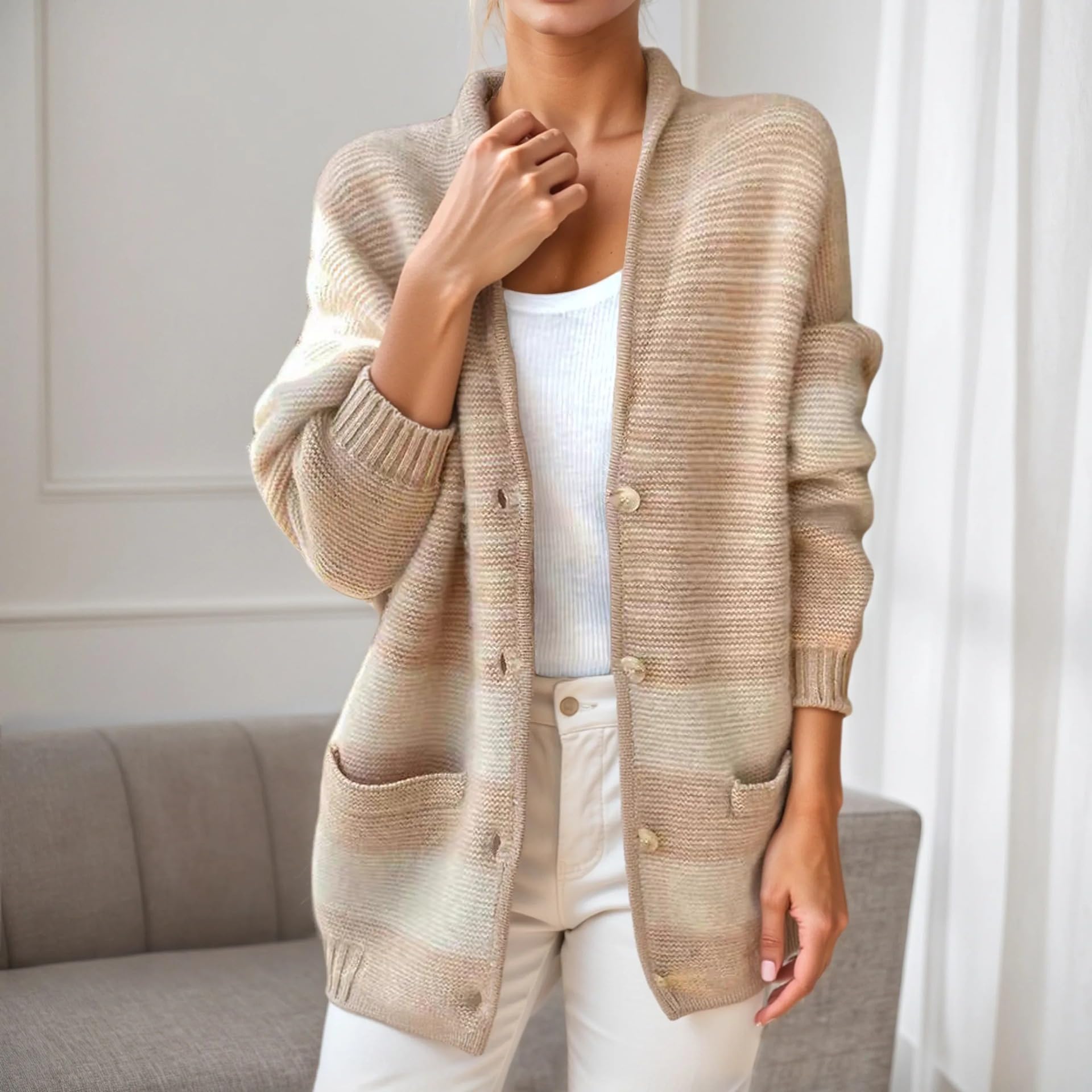 Generico Cardigan da Donna con Colletto A Revers Maglia A Righe Space Dye Cappotto A Maniche Lunghe Cardigan di Media Lunghezza con Tasche per Donna Chiusura con Bottoni Scollo A V Capospalla Leggero
