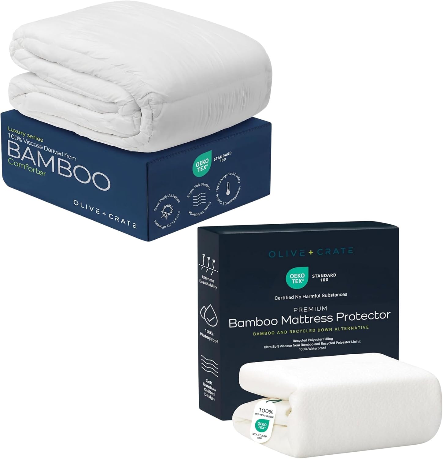 Olive + Crate Waterproof Mattress Protector Bundle with Queen Size Comforter, Breathable Cooling Mattress Pad Cover, Deep Pocket, Cooling Duvet Insert, Smooth Soft Washable & Quiet (88" x 90")