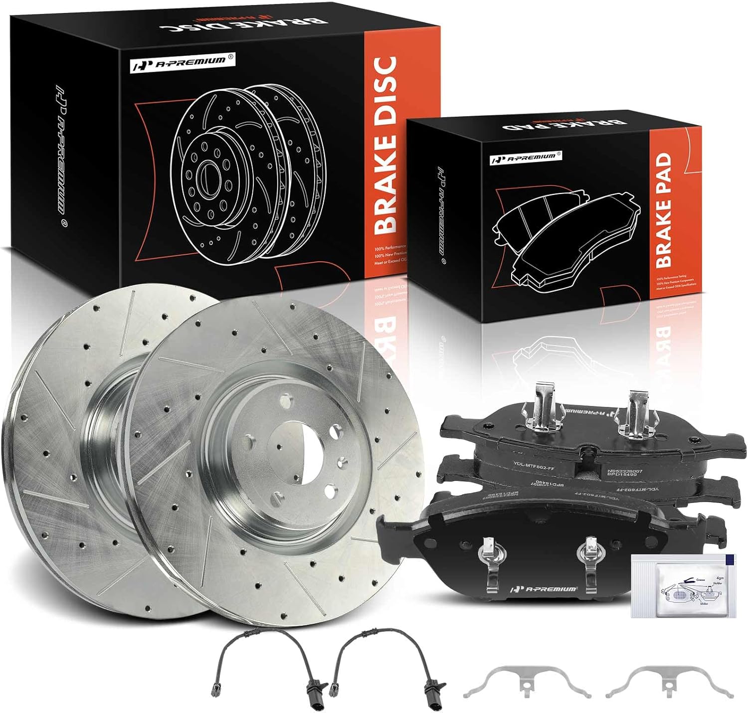 A-Premium 14.02 inch (356 mm) Front Drilled and Slotted Disc Brake Rotors + Ceramic Pads Kit Compatible with Select Audi Models - A6 2017-2018, A6 Quattro 2012-2019, A7/A8 Quattro & More