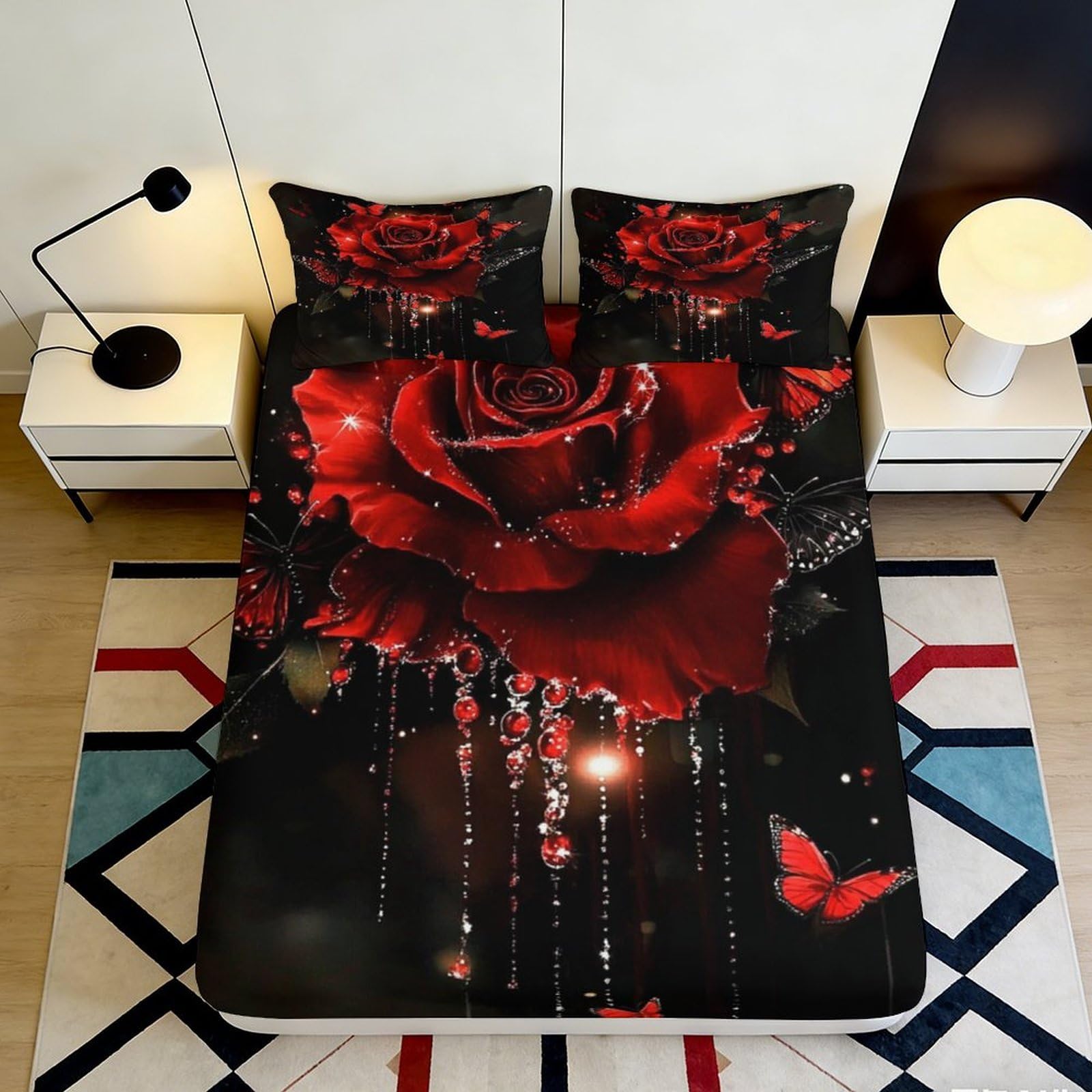 3D Printed Rose Fitted Sheet Microfiber Deep Pocket Bedroom Bedding, Soft Full Wrap for Adults, Romantic Rose Mattress Fitted Cover Washable 90x200x25cm