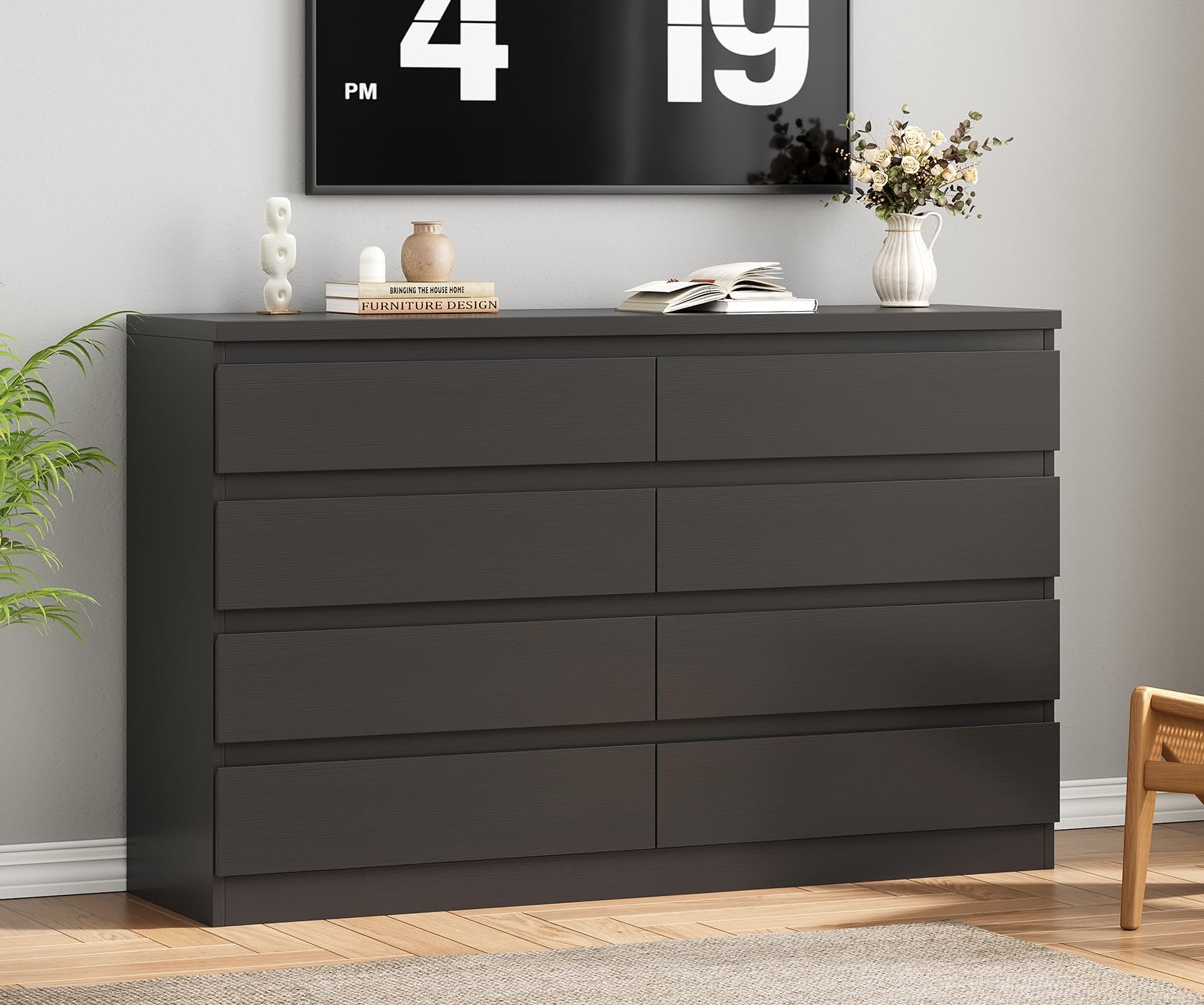modern 8 drawer dresser black dresser for bedroom, simply chest of drawers, wood storage dresser with deep drawers for living room hallway entryway, black