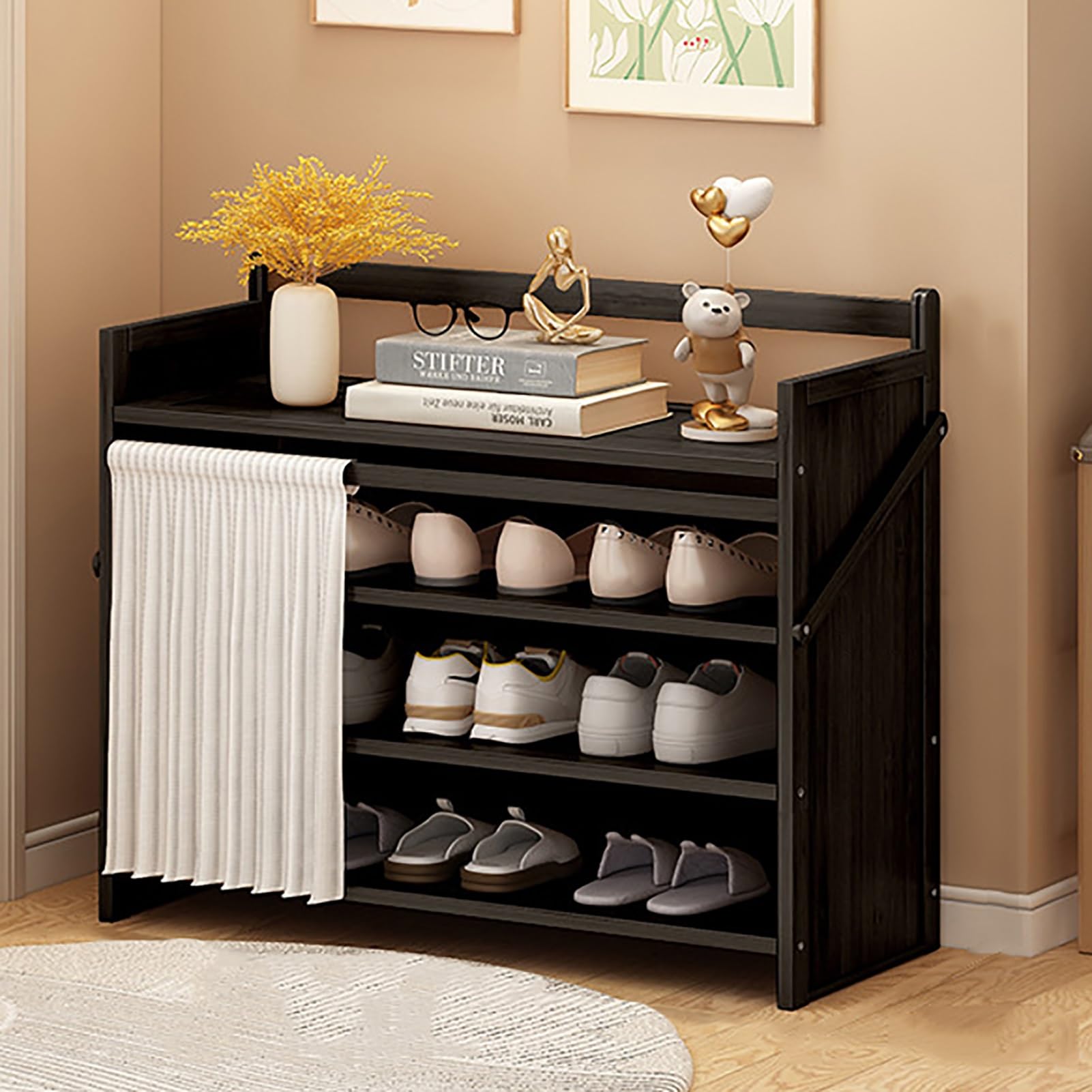 Foldable Shoe Rack No Assembly Required Bamboo Shoe Indoor/Outdoor Storage Shelf Independent Shoe Cabinet for Entryway Camping 2 Tier Black Color(Negro-4 Layers 27.5in)