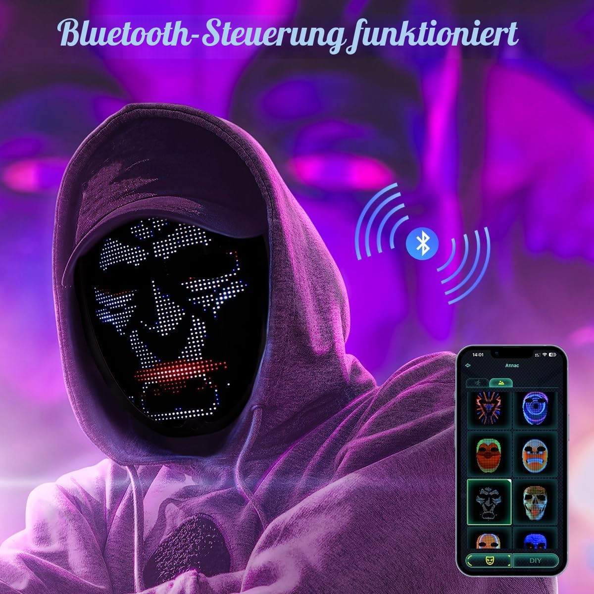 LED-Lichtmaske, Wiederaufladbare LED-Maske Mit Gestenerkennung Für Gesichtsveränderungsmodi, LED Leuchtmaske Mit Verschiedenen Bildern, Geeignet Für Kostüm Cosplay Maskerade Halloween