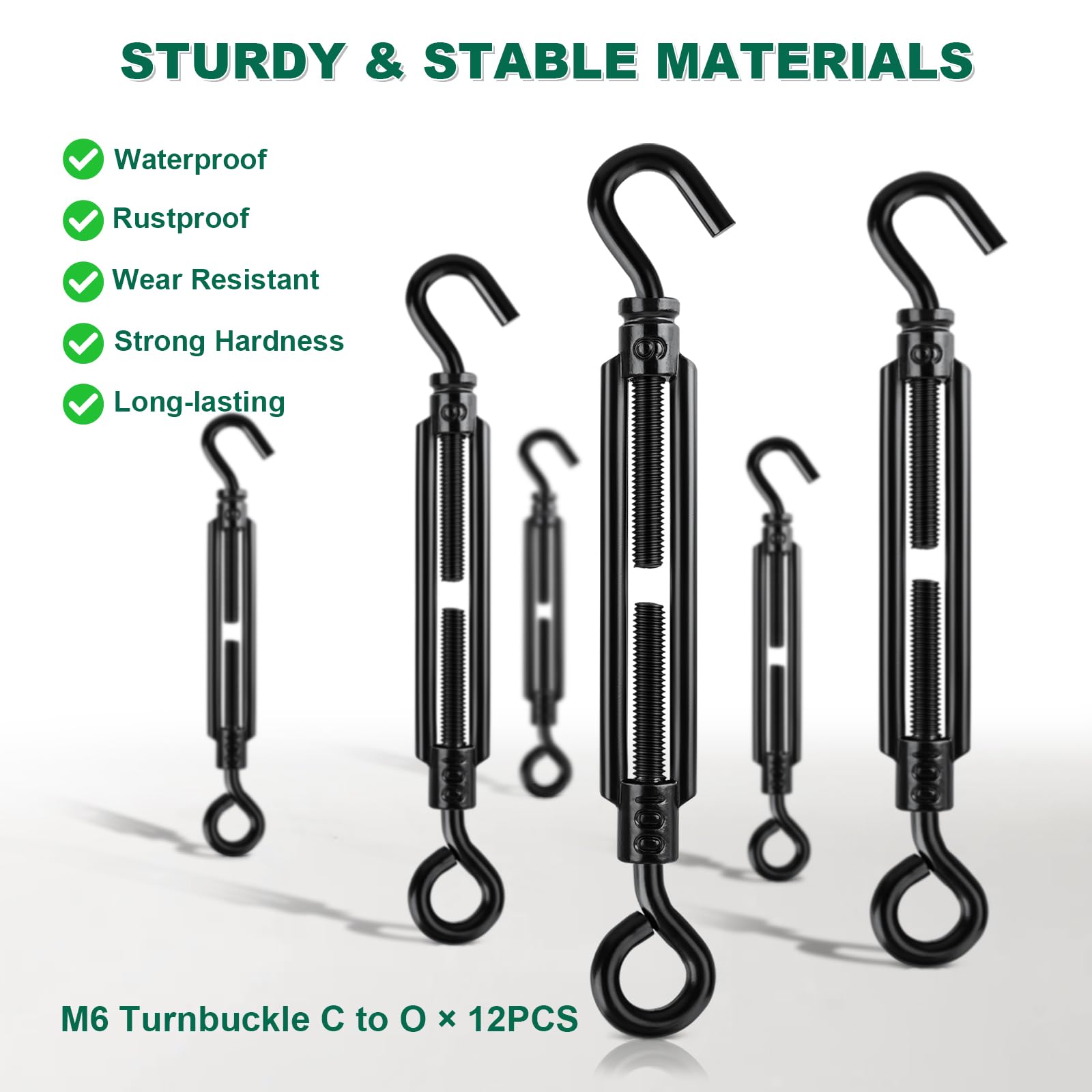 Hochwertiges schwarzes dekoratives Spannschloss mit Haken und Öse, 12PCS M6 Spannschlösser für Kabel, Drahtseilspanner für Schattensegel, Zaun, Zelt, Bild, hängende Hardware, Installation