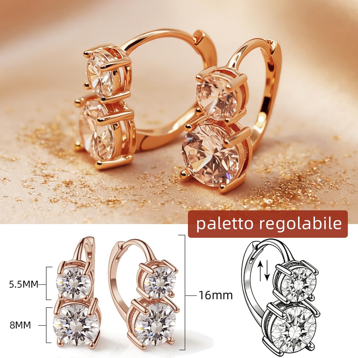 Orecchini in Moissanite per donna, diamanti doppi 1CT + 2CT in Moissanite, coltivati in laboratorio, placcati in oro rosa 18K, orecchini a perno alla moda, regalo di gioielli.