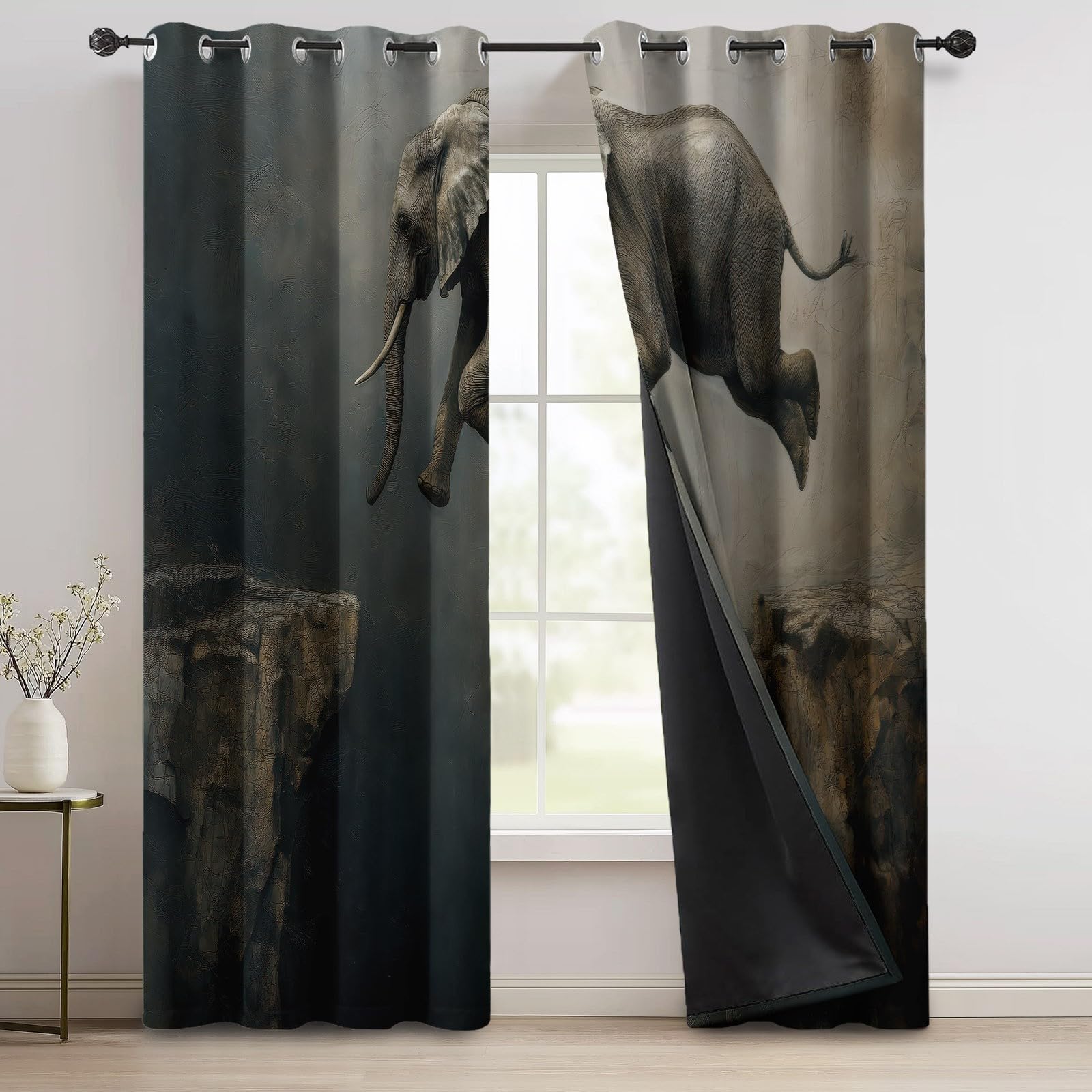 Generisch Modern Kunst Verdunkelungsvorhang, Tier Elefant Klippe Bedruckter Wärmeisoliert Vorhänge mit Ösen, Grau Vorhang für Schlafzimmer Wohnzimmer, H215 x B110 cm x 2 Vorhänge