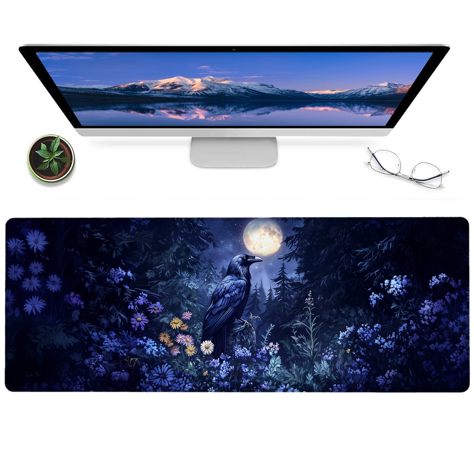 ainori Raven and Moonlit Forest Gaming Mouse Pad,12x31.5in Non-Slip Rubber Gothic Desk Mat,Large Extended Goth Mystical Night Mousepad for Office Home