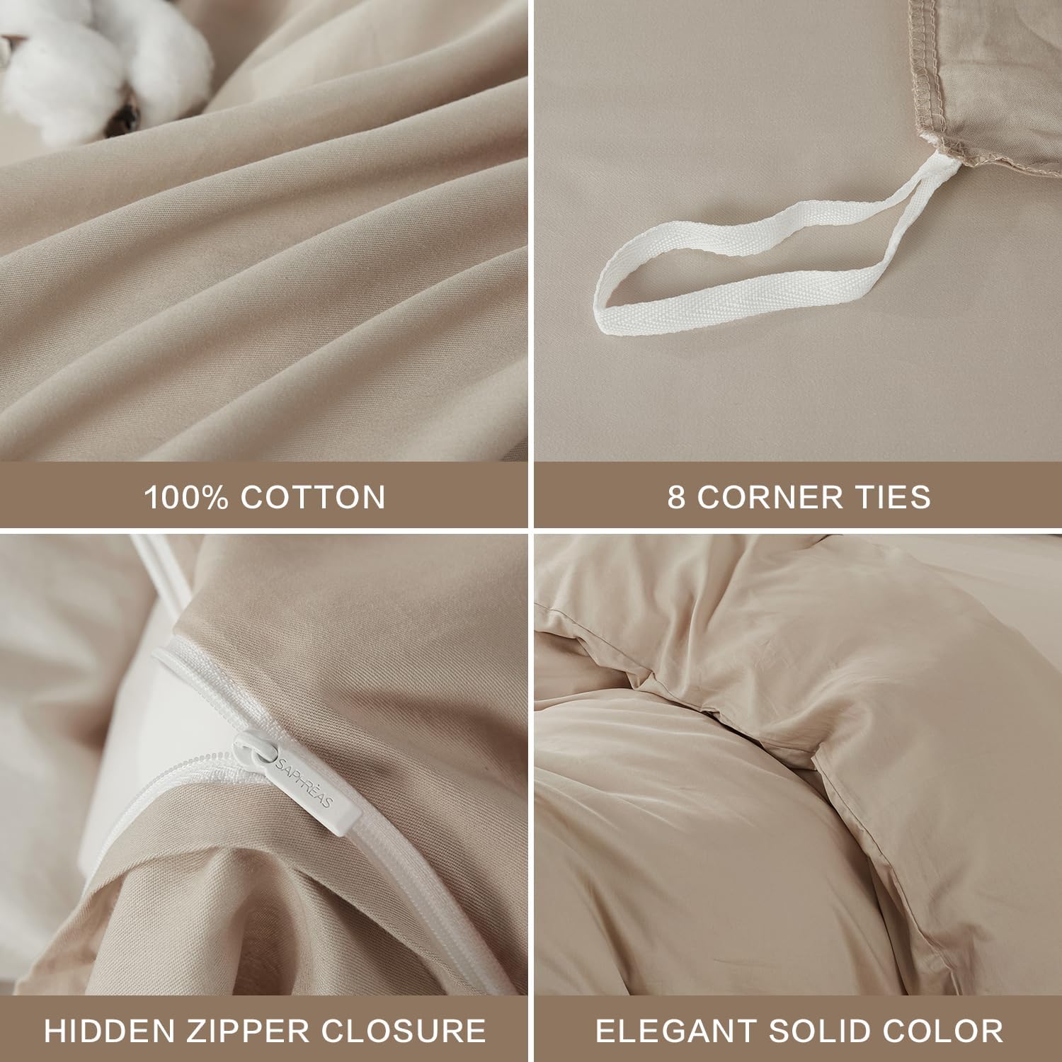 SAPHREAS Duvet Cover Set Queen Size 100% Organic Cotton, Soft Bedding Comforter Cover with Zipper Closure & Corner Ties, Comforter Not Included, Beige