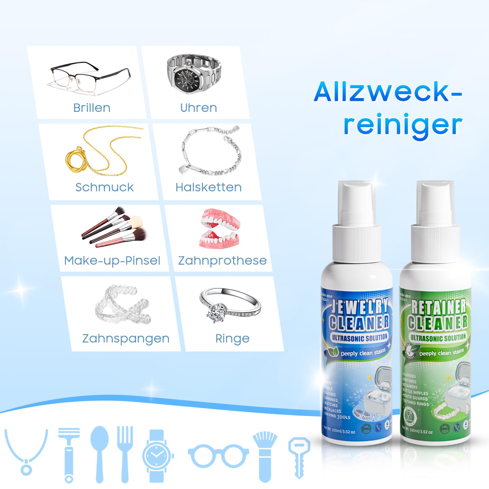 Fashome Ultraschallreiniger mit 2×100 ml Reinigungsflüssigkeit, 45 kHz 3 Modi, 550 ml Edelstahltank, für Schmuck, Brillen, Uhren & Zahnersatz, Reinigungskorb & Uhrenhalterung – mit Geschenkbox