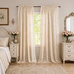 ALIGOGO Beige Lace Curtains 84 Inches Long 2 Panels | Boho Farmhouse, Bedroom Living Room Decor, Light Filtering Privacy, Rod Pocket, Scalloped Edges, 52W x 84L Inch