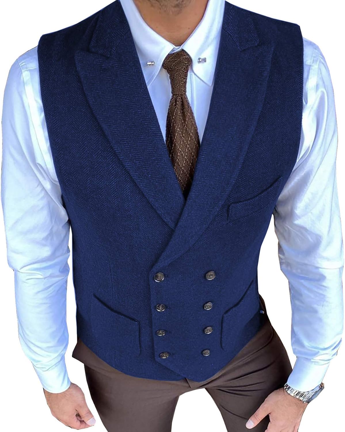 Men's Casual Suit Vest Regular Fit Double Breasted Suede Wool Formal Waistcoat for Wedding Grooms Best Men