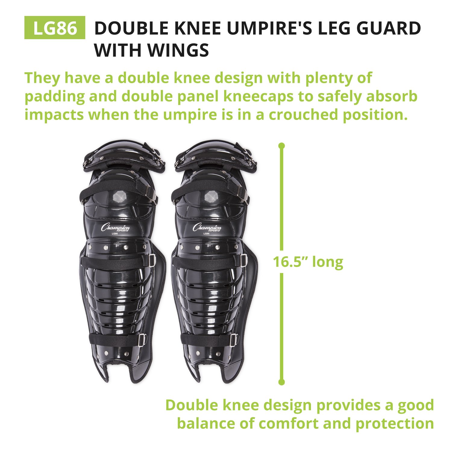 Champion Sports Protectores de Pierna para árbitro: espinilleras de árbitro Doble con alas para béisbol y Softball, 41,9 cm para Adultos, Color Negro