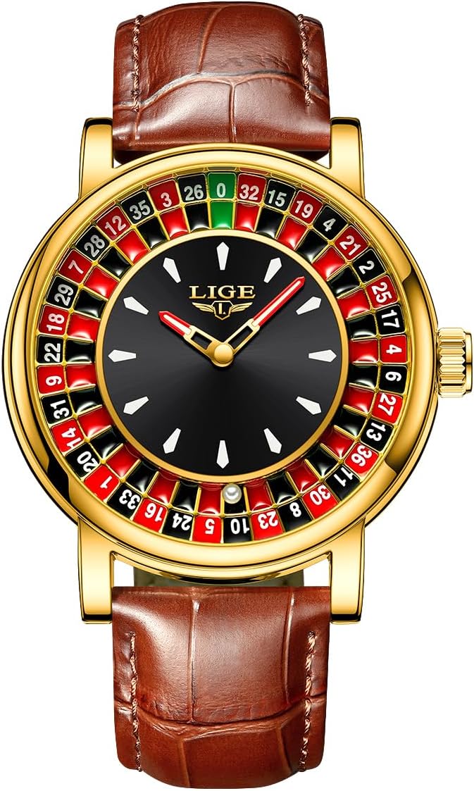MASTOP Roulette Watch for Men Unique Luxury Quartz Analog Big Face Watch Waterproof Luminous Leather Wrist Watch Casual Fashion Style