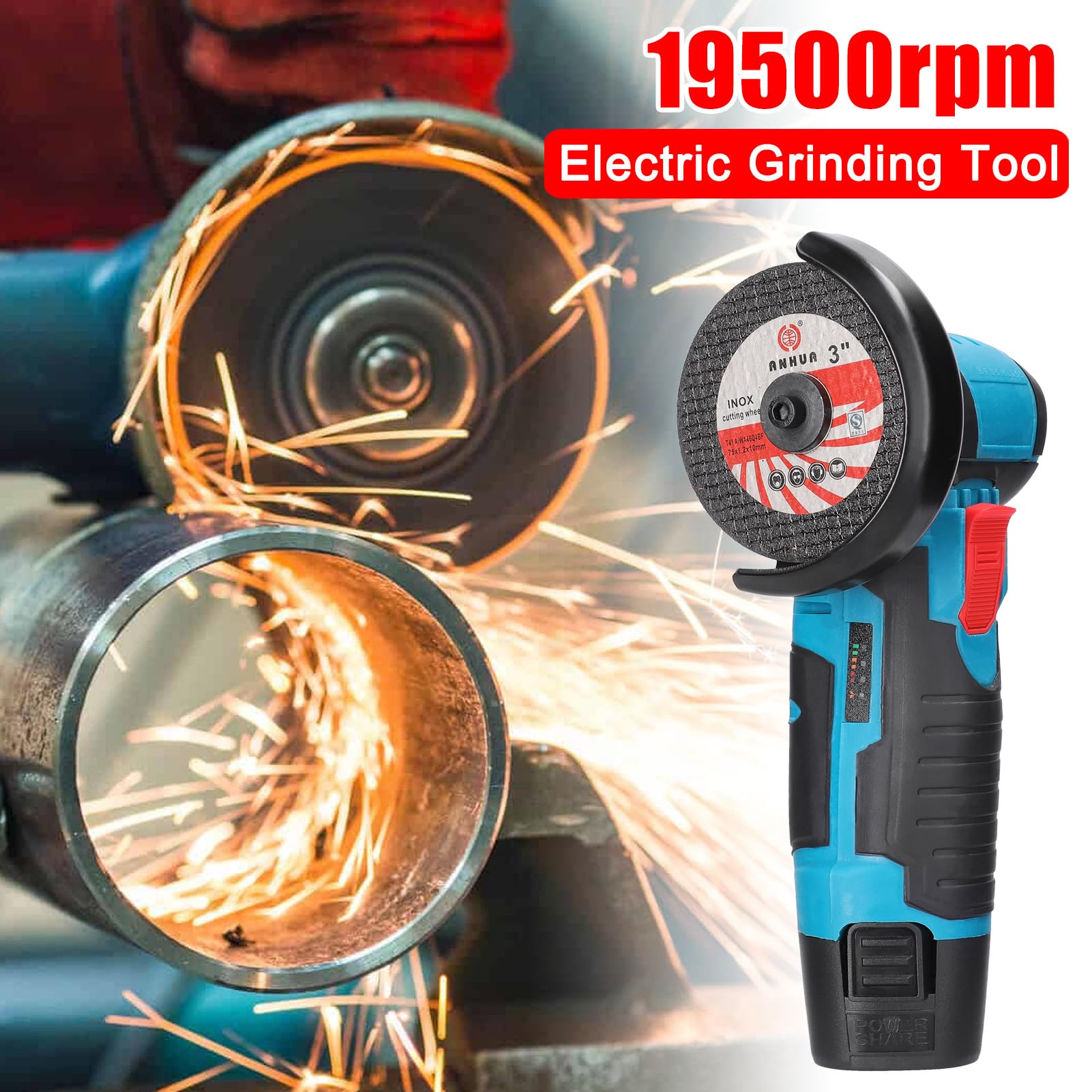 Mini Meuleuse Sans Fil 19500RPM 12V Professional Disqueuse, Batterie 2.0Ah, Disques à Tronçonner 76mm, Meuleuse Angulaire pour Meulage et Coupe (2 Batteries)