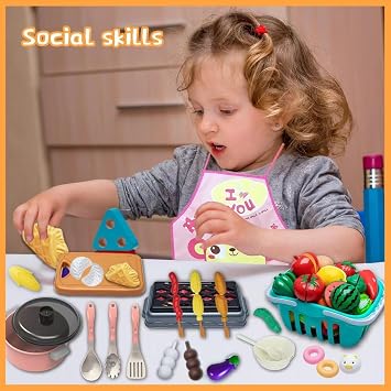Kids Kitchen Toy Accessories Kitchen Playset Pretend Cooking Play Pots Pans Utensils Cookware Food Fruit Veges Shopping Storage Basket Learning Present for Girls Boys | Complete Pots Pans Utensils Fruit Veggies Food Toy with Storage Basket, fun role play set Learning Birthday Gift