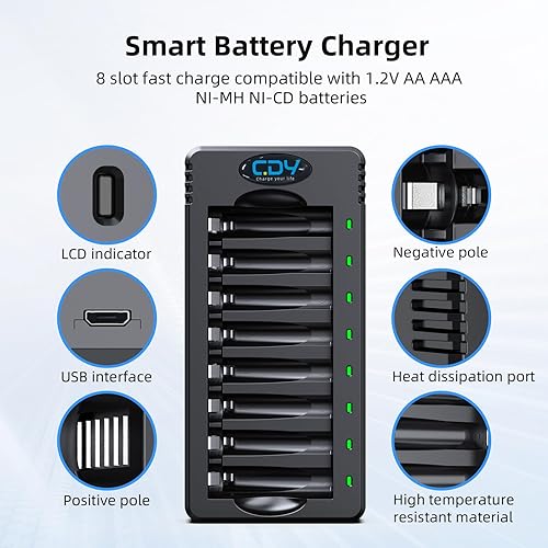 Miniatura 5 de CDY Paquete de 16 baterías recargables AA de 1.2 V 2800 mAh con cargador de batería, batería doble AA precargada, 1200 ciclos, autodescarga baja,