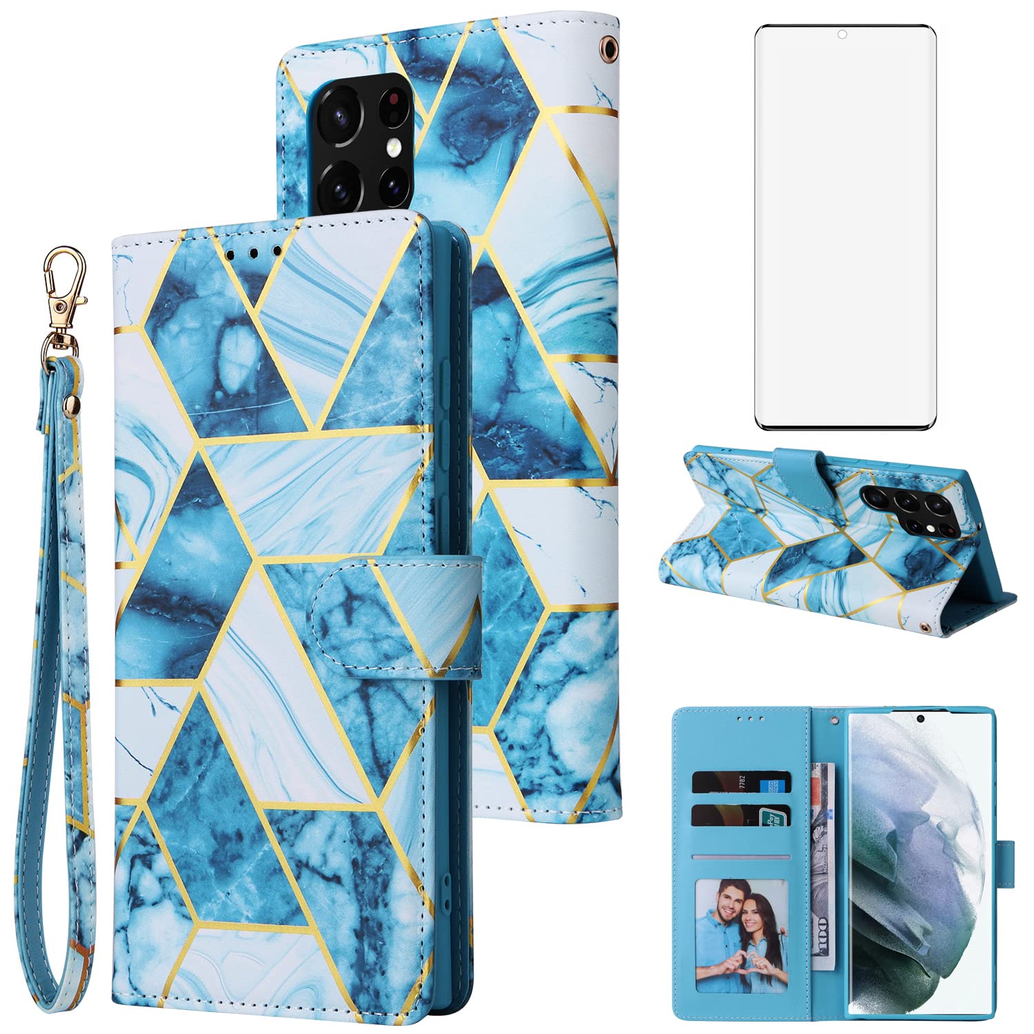 Asuwish Compatible with Samsung Galaxy S22 Ultra 5G 2022 Wallet Case Tempered Glass Screen Protector Leather Flip Card Holder Stand Cell Phone Cases