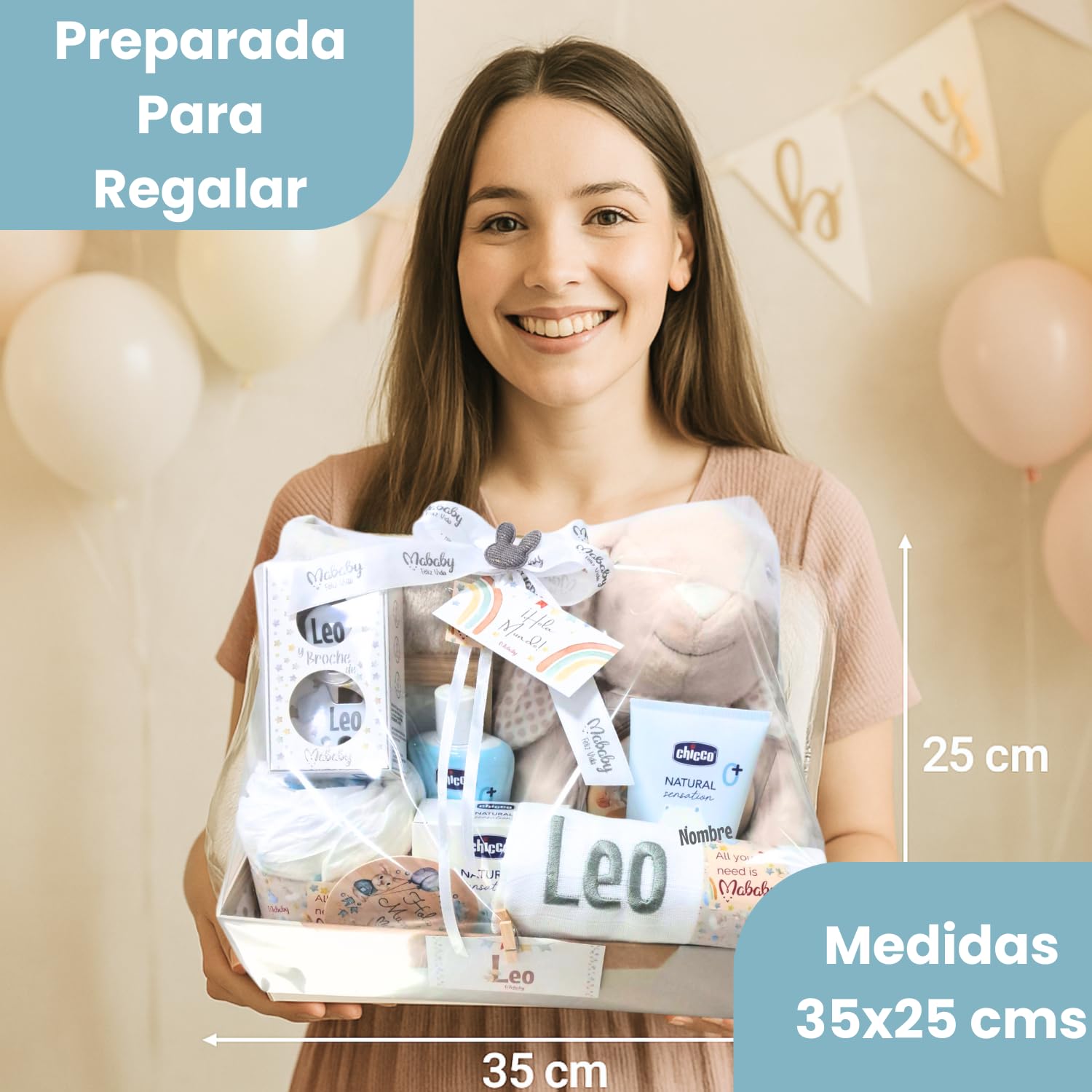 Cesta Bebé Recién Nacido Niña Rabbits Deluxe (Rosa) | Canastilla con peluche conejito, manta coralina, gasa bordada, chupete y pinza grabados, marco y discos de hitos