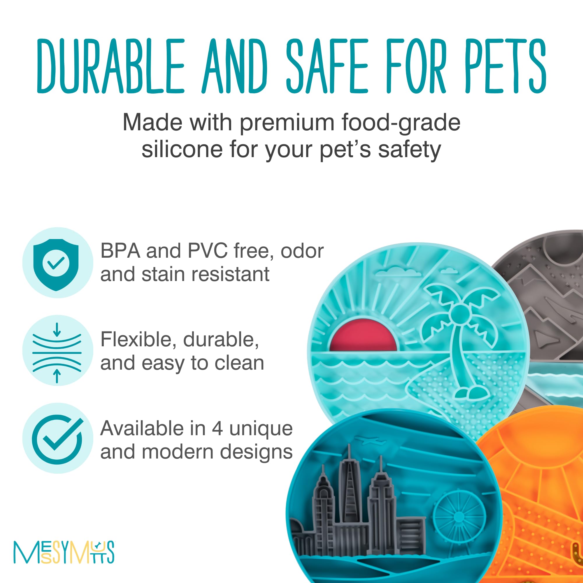 Messy Mutts and Cats - Alimentador lento interactivo | Color verde azulado playa - Capacidad de 2 tazas | Rompecabezas redondo de silicona de 8 pulgadas para perros y gatos | Plato de alimentos
