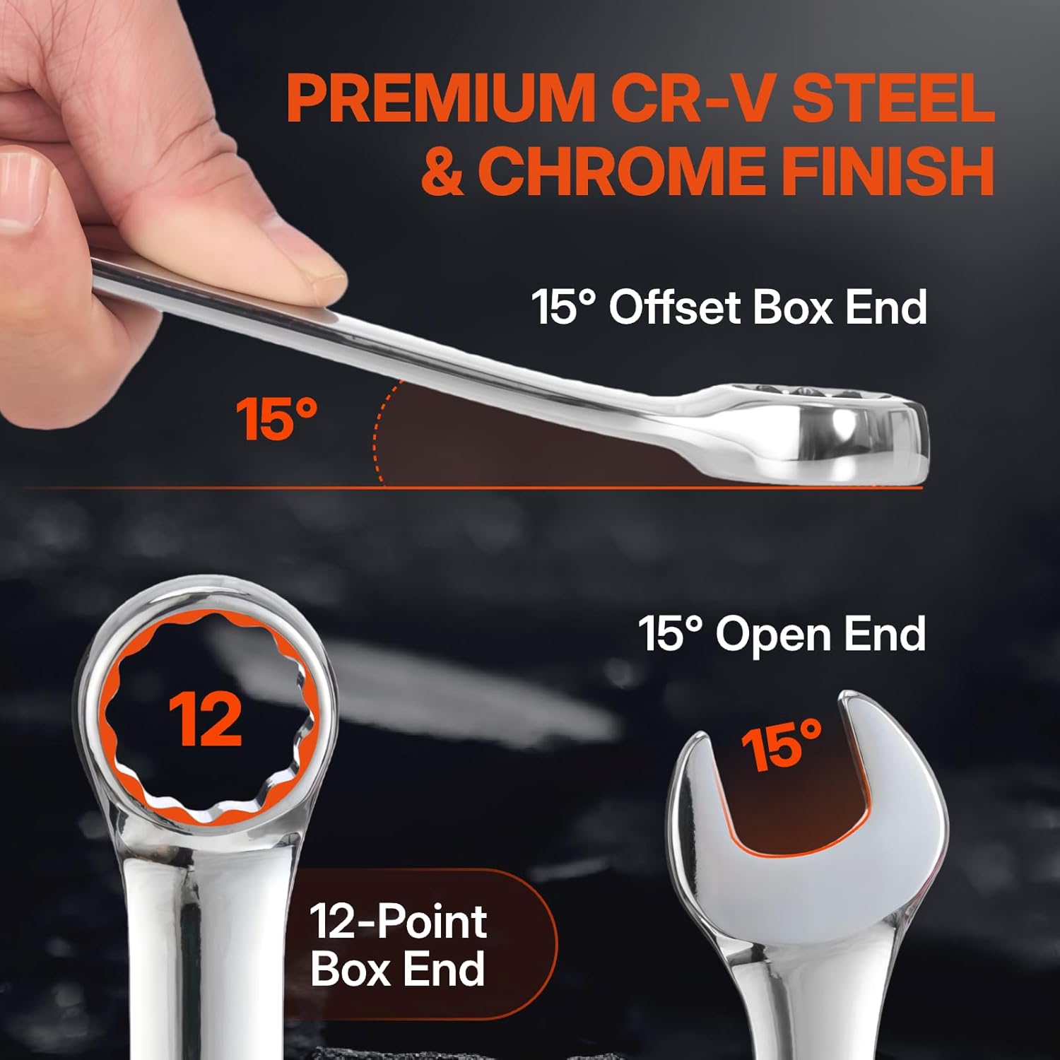 BLACK CANYON Combination Wrench Set with Pouch, Metric 19-Piece (6-24 mm), 12-Point Box End & Hex Opening, Long Pattern, Polished Steel